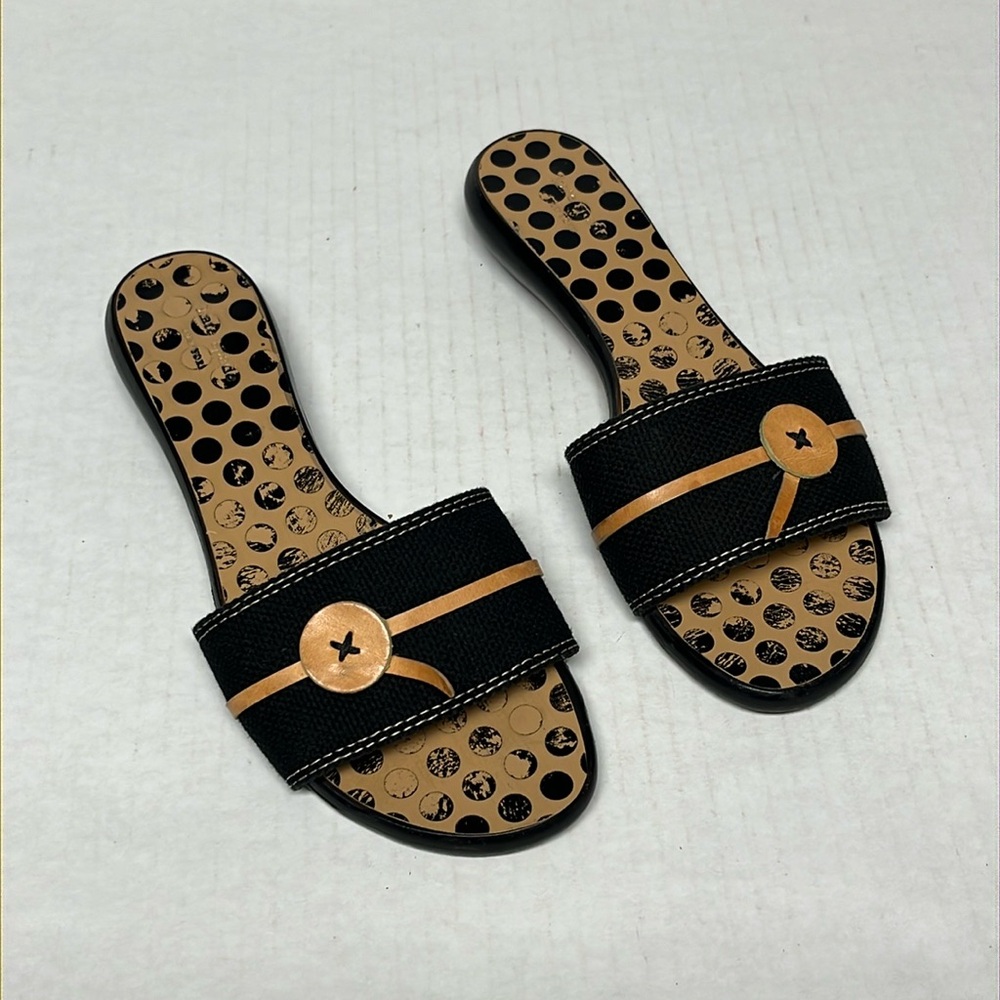 Kate spade black & tan Toby polka dot button detail slide leather sandals sz 7 - Picture 2 of 12